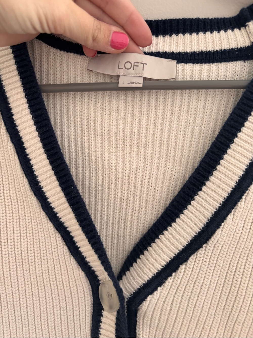 LOFT | Cotton Knit Cardigan - Cream with‎ Navy Trim - Picture 4 of 5